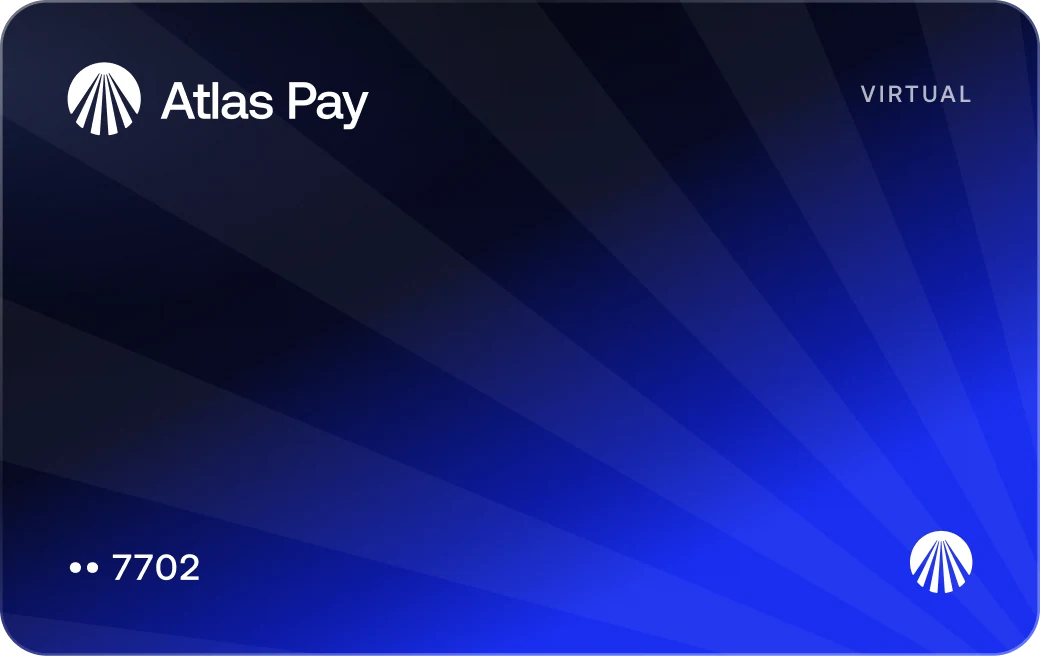 The virtual Atlas Pay card: the Depth gradient from black to Signal Blue, crossed by the ray grid, card ending 7702