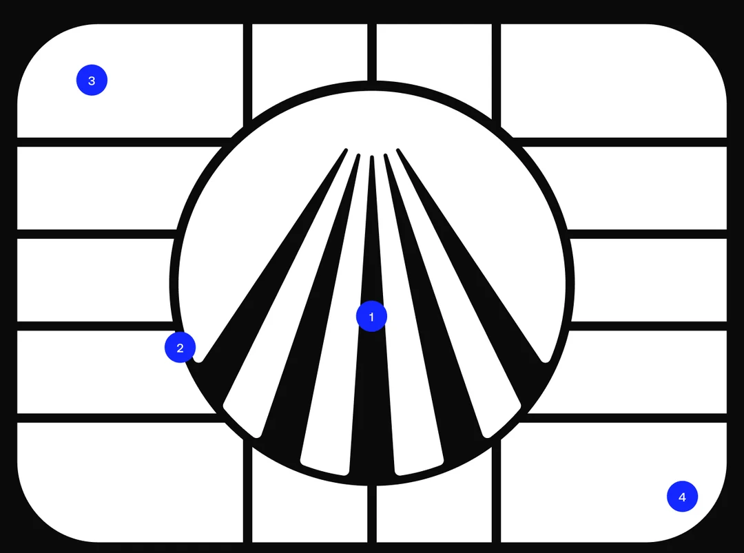 Vector master of the Atlas Pay chip: the mark set in a circular well, with the contact pads redrawn around it and four numbered callouts