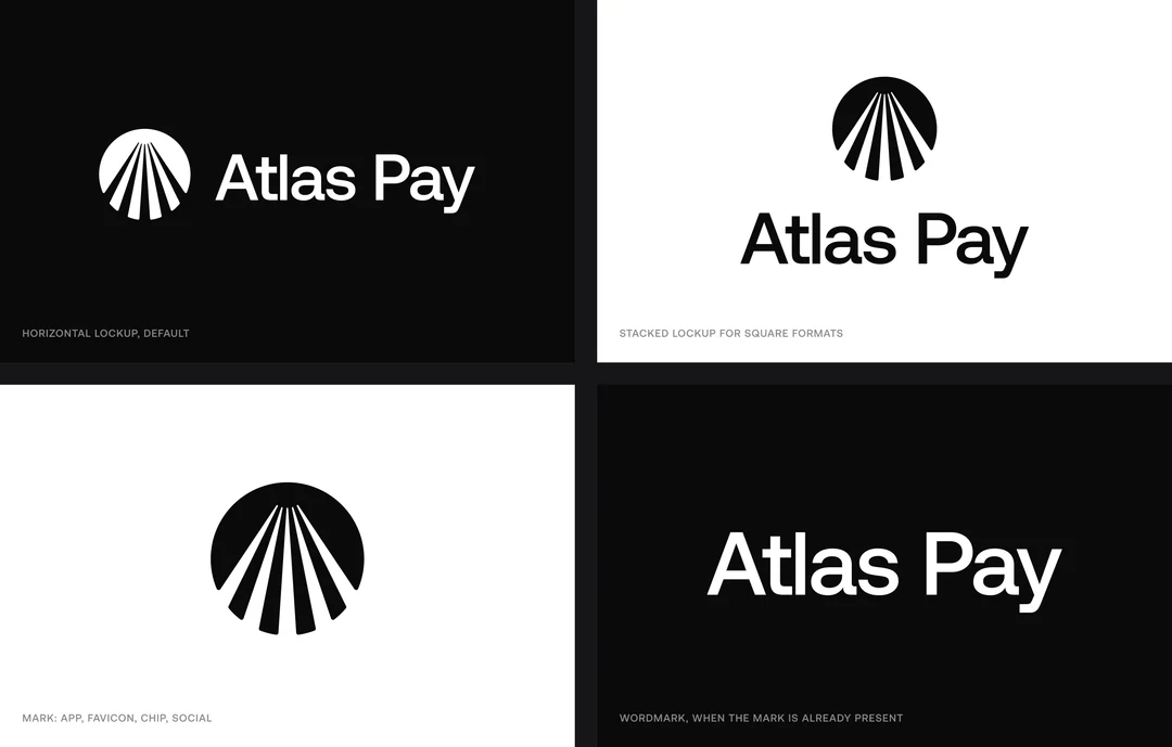 Atlas Pay logo system: horizontal lockup on black, stacked lockup on white, the mark on white and the wordmark on black
