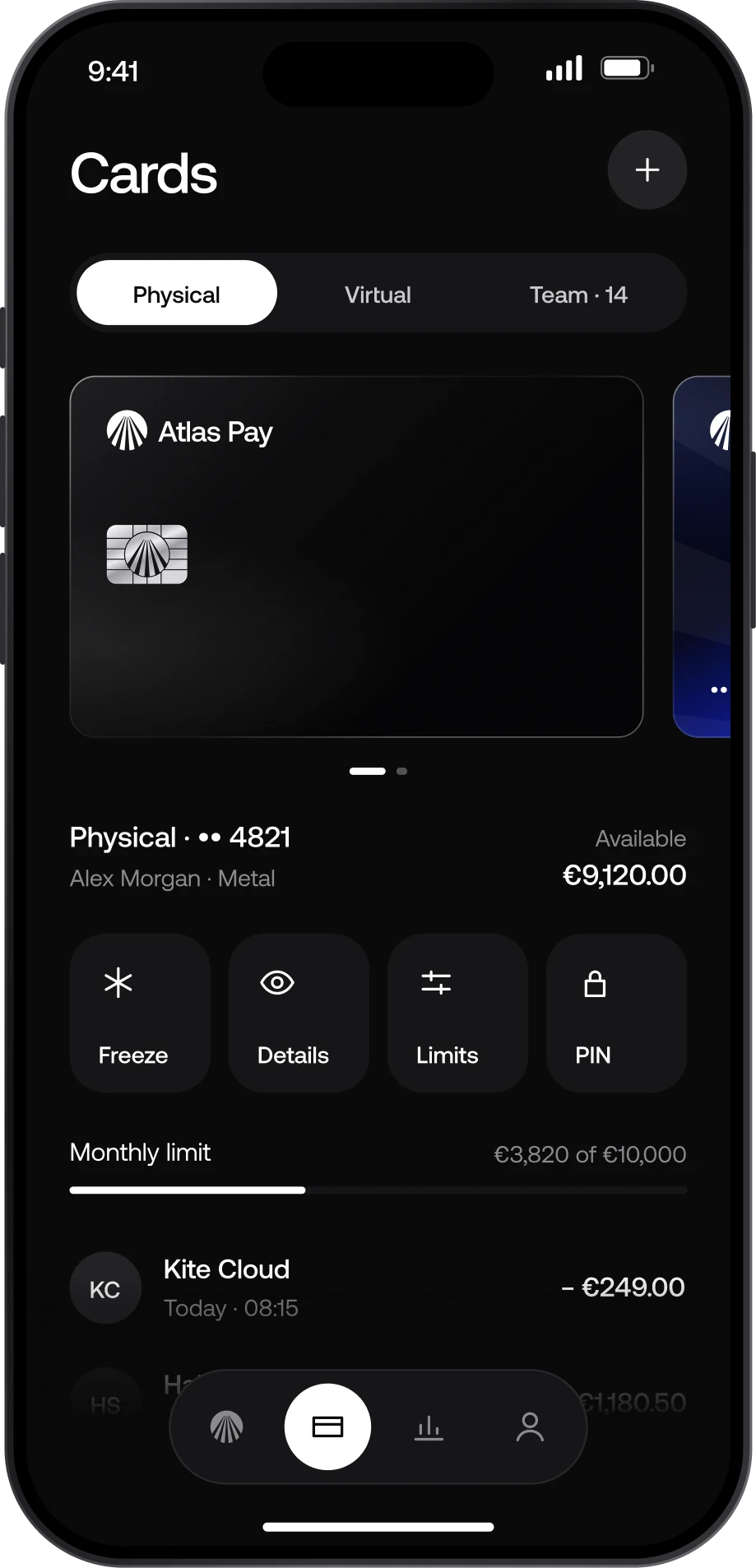 Cards screen: the physical metal card with freeze, details, limits and PIN controls and the monthly limit