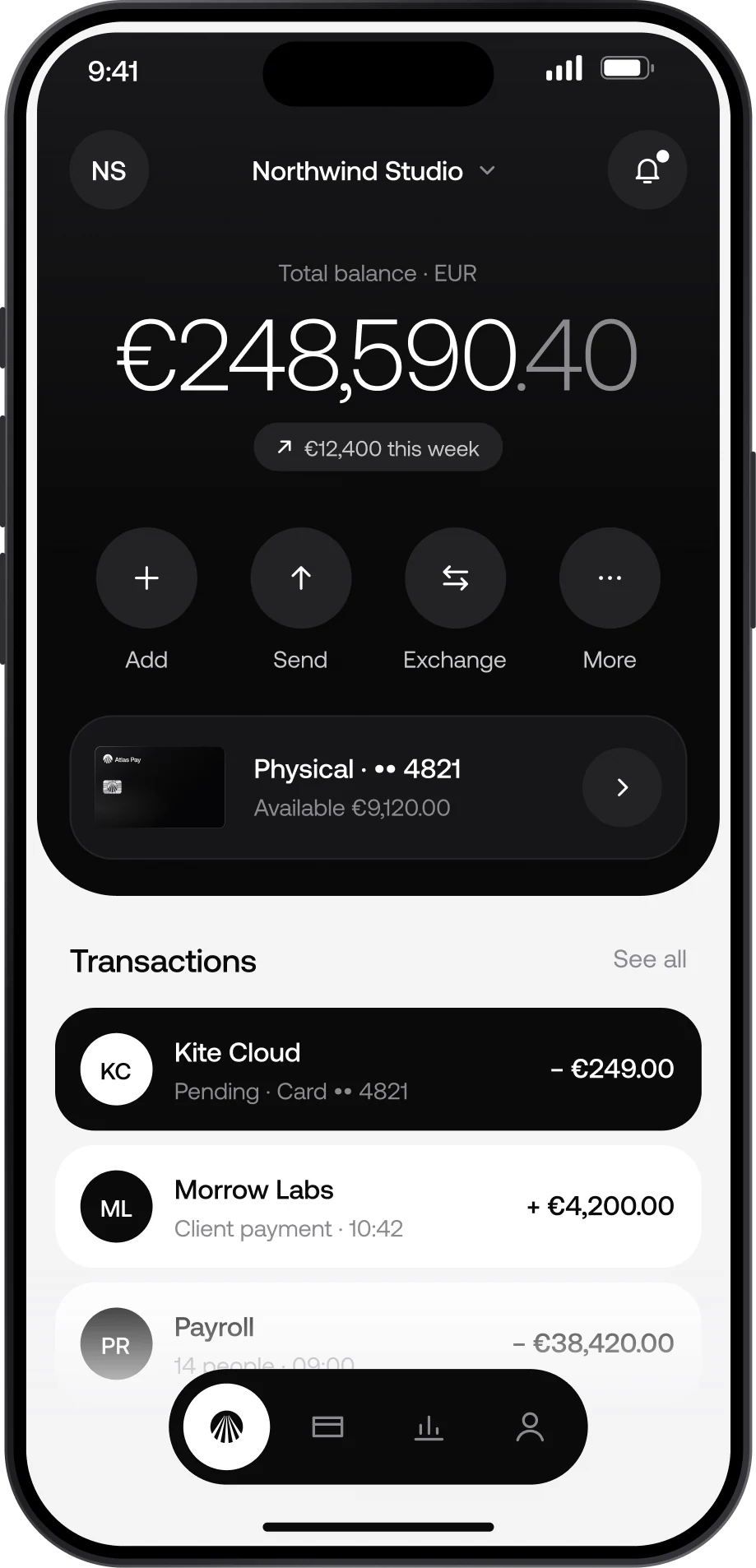 Home screen: a total balance of 248,590.40 euro, four actions and today’s transactions