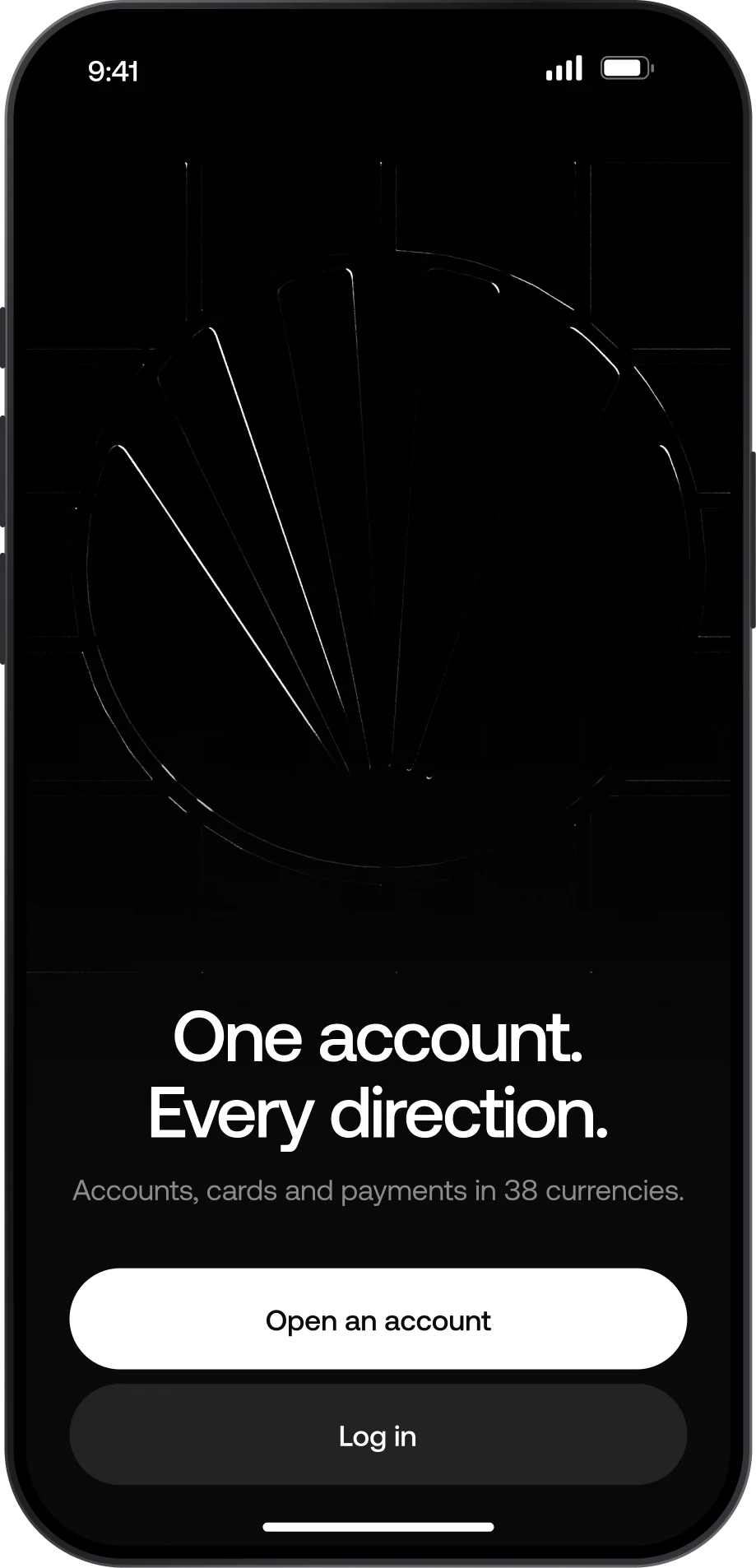 Welcome screen: One account. Every direction. Over the 3D film, with Open an account and Log in buttons