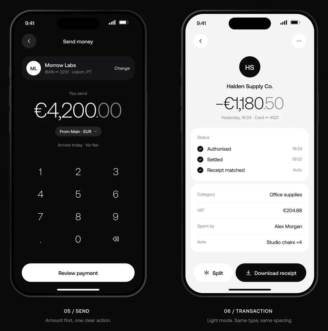Two Atlas Pay screens: sending 4,200 euro to Morrow Labs in dark mode, and a transaction from Halden Supply Co. in light mode with its status timeline