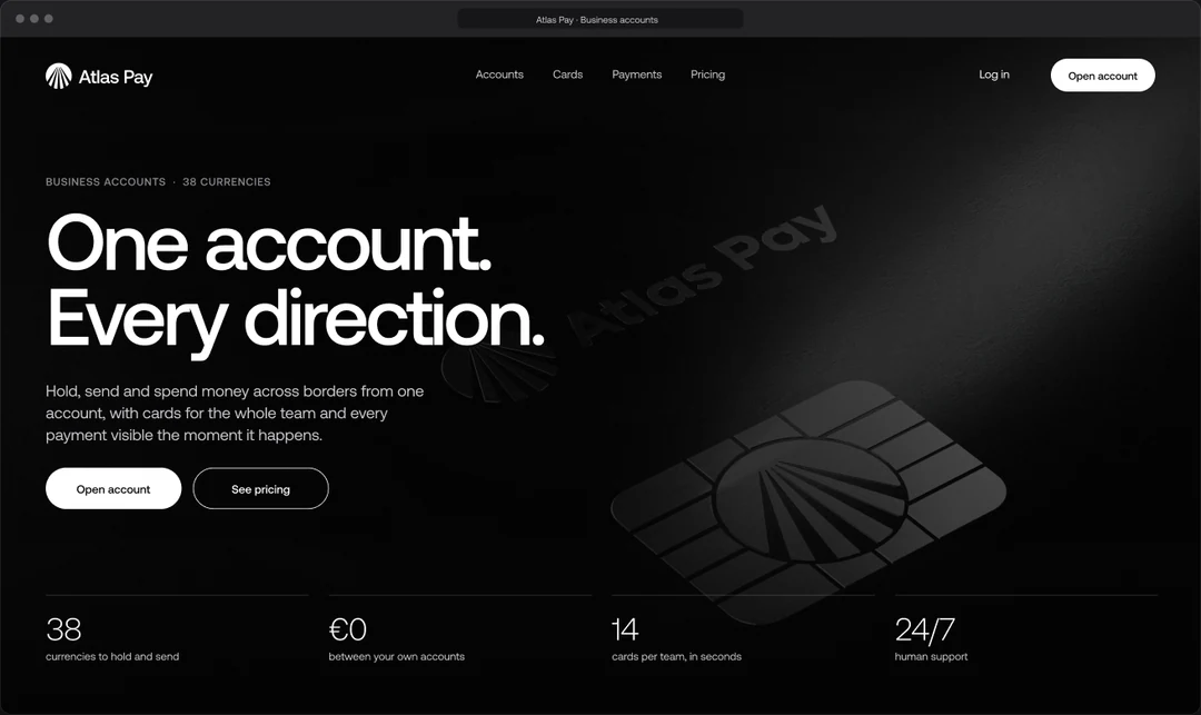 Atlas Pay website hero in a browser: One account. Every direction. Over a dark render of the chip, with stats for 38 currencies, free transfers between your own accounts, 14 cards per team and 24/7 support