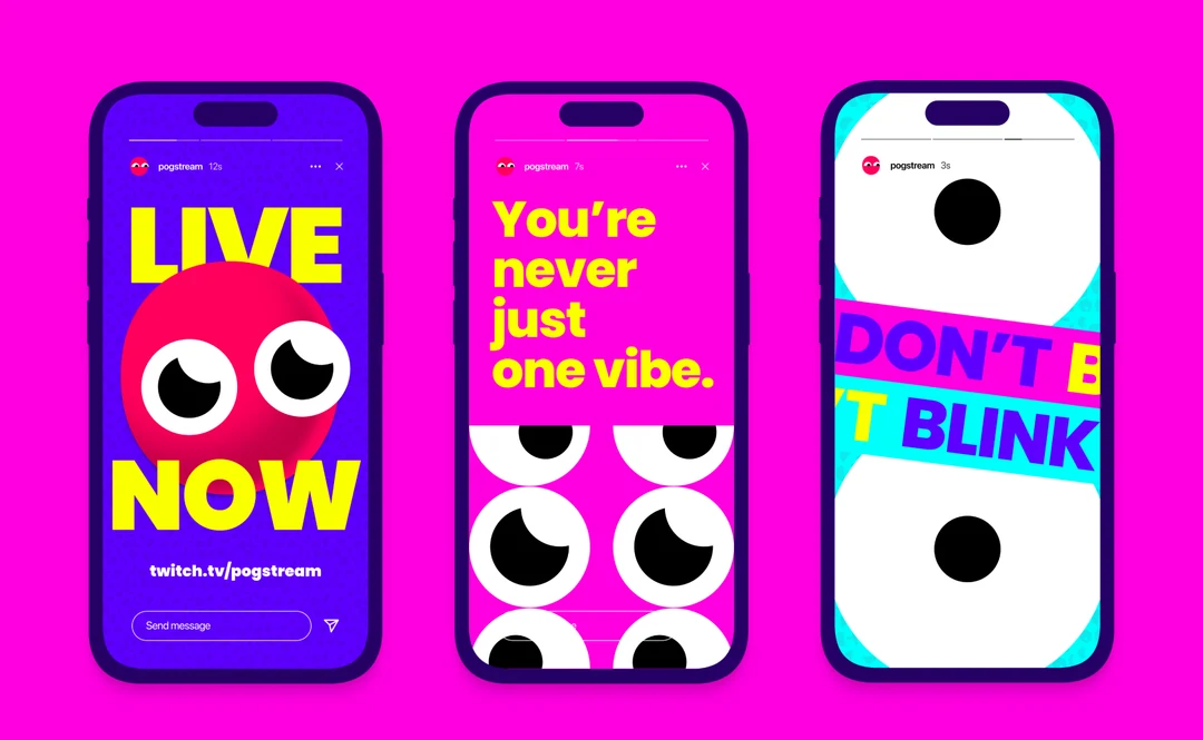 Three POG story templates on phones: Live now, You're never just one vibe, Don't blink