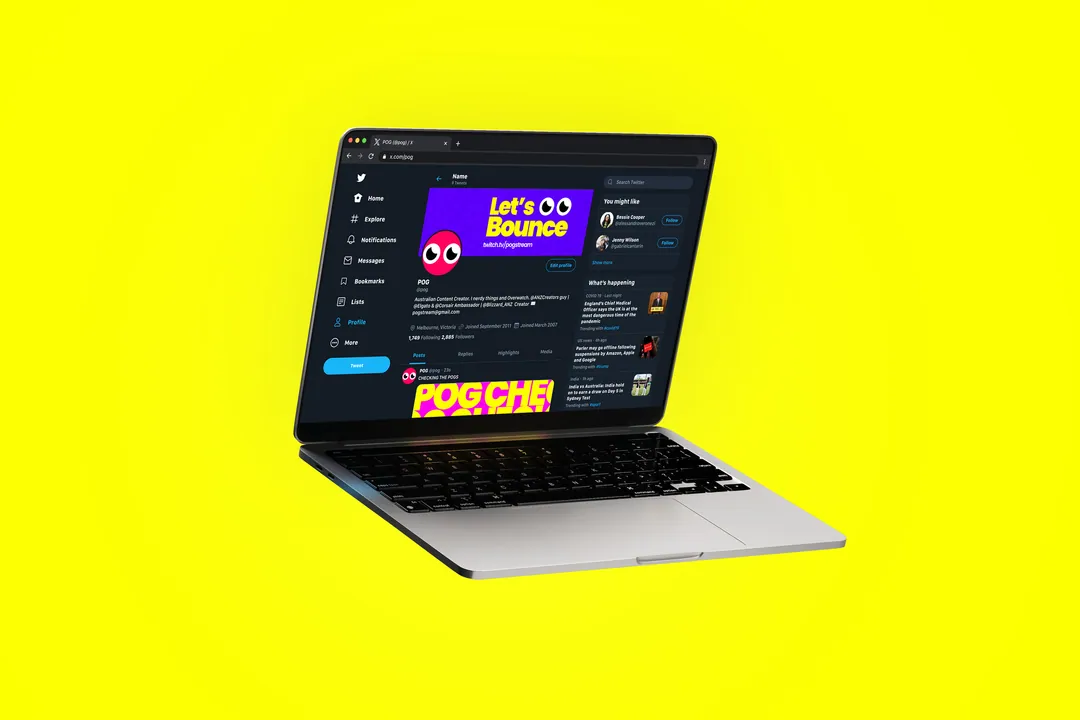 Laptop on yellow showing the POG profile on X with its banner and avatar
