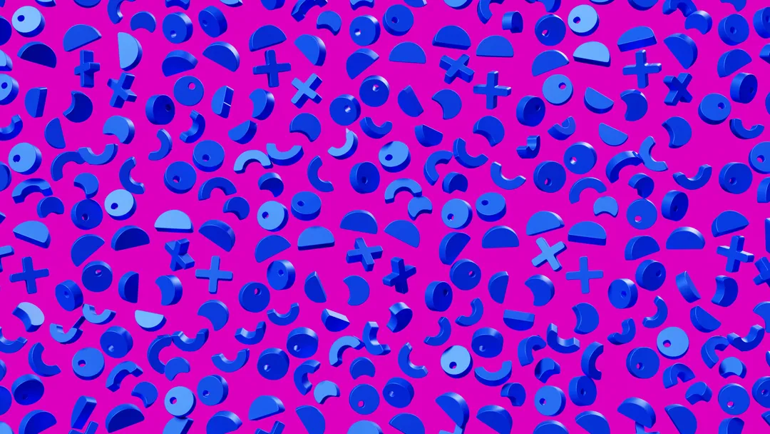 Still of the 3D pattern: blue POG shapes, eyes and crosses on pink