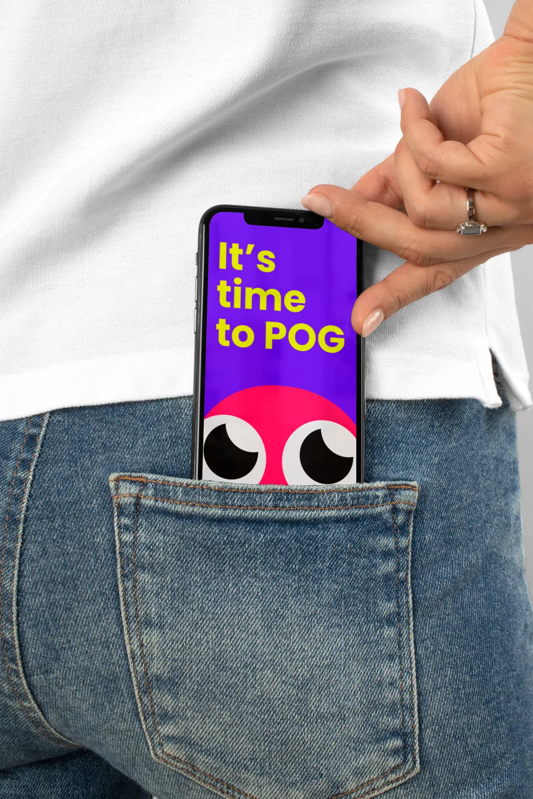 Phone in a back pocket showing a POG story: It's time to POG