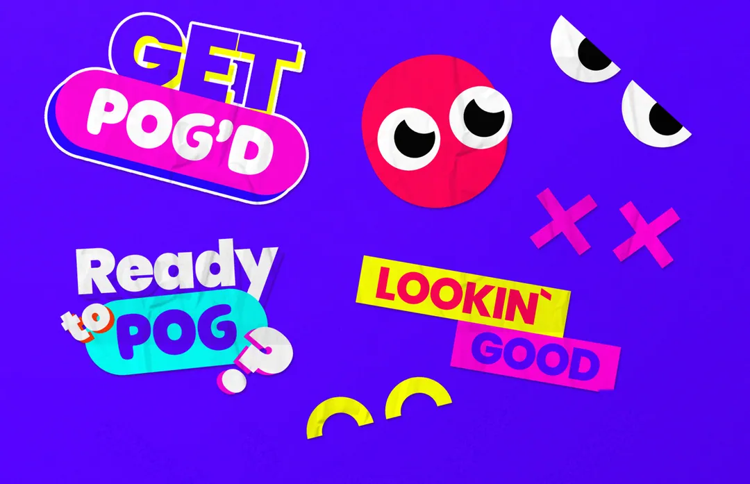 Sticker set on Violet Punch: Get POG'd, the pink face, angry eyes, crosses, Ready to POG, Lookin' good and two yellow arcs