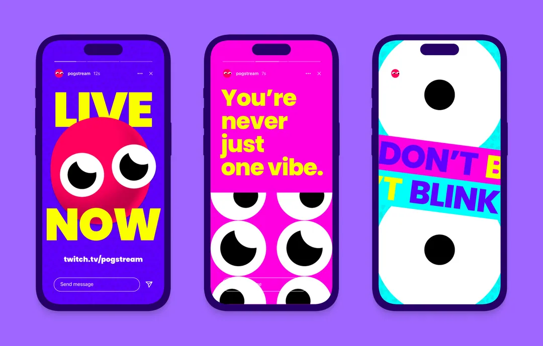 Three POG story templates on phones over lilac: Live now, You're never just one vibe, and Don't blink